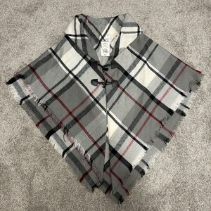 Style Collective Kohl's Plaid Poncho Cape One Size Gray Black Red Fringe NWT